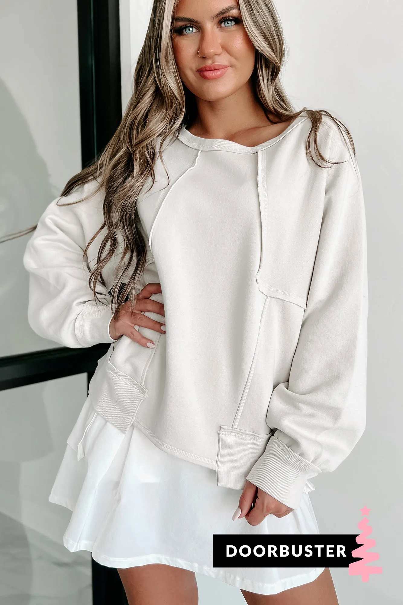 Doorbuster Cozy Kisses Oversized Patch Detailed Sweatshirt (Beige)
